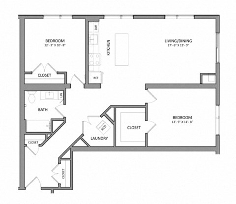 Floor plan for 2 beds, 1 bath, 1065 sqft